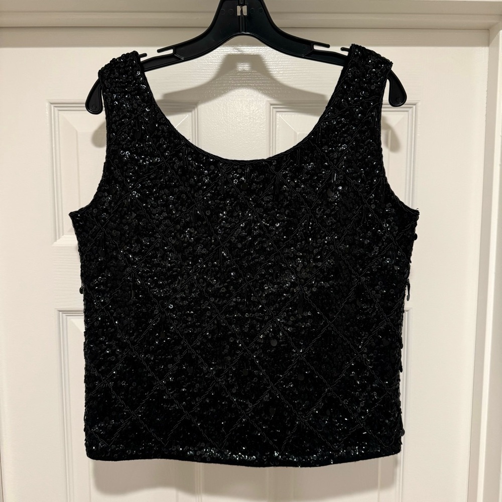 Vintage 1960s Hand Beaded Black Wool & Sequin Evening Sleeveless Top Size Medium